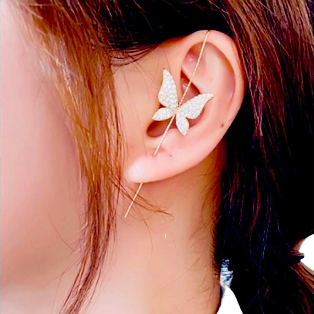 Gold Butterfly Crystal Pave Ear Climber Ear Pin Cuff Statement Earrings NEW